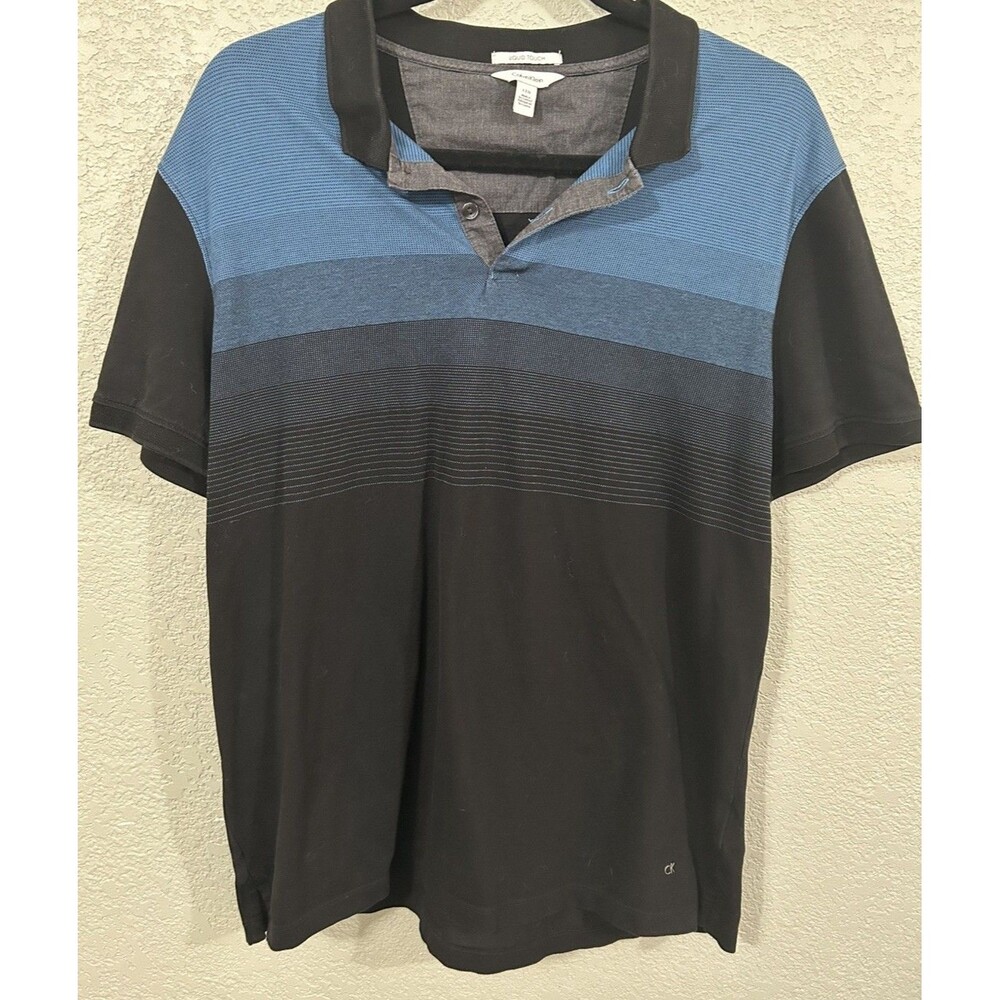 Calvin Klein Liquid Cotton Polo Shirt Mens Large Blue Striped Short Sleeve